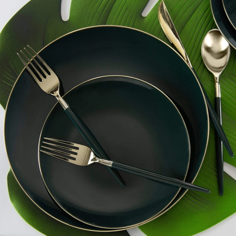 Round Emerald • Gold Plastic Appetizer Plates | 10 Pack