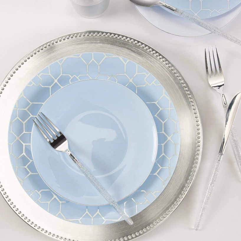 Round Ice Blue • Silver Plastic Appetizer Plates | 10 Pack