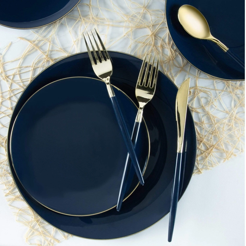 Round Navy • Gold Plastic Appetizer Plates | 10 Pack