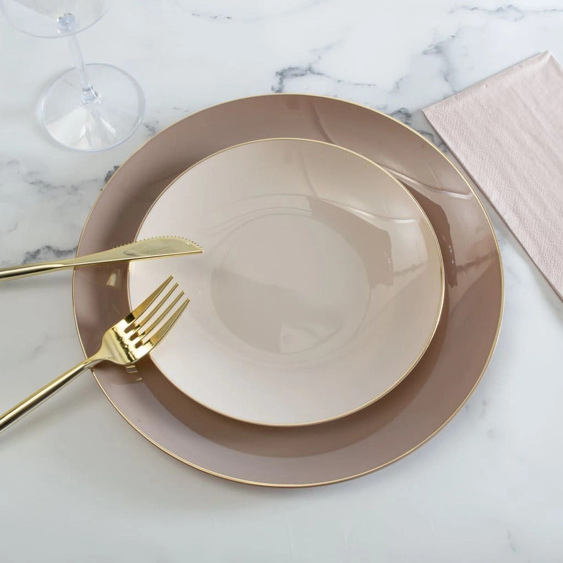 Round Taupe • Gold Plastic Dinner Plates | 10 Pack