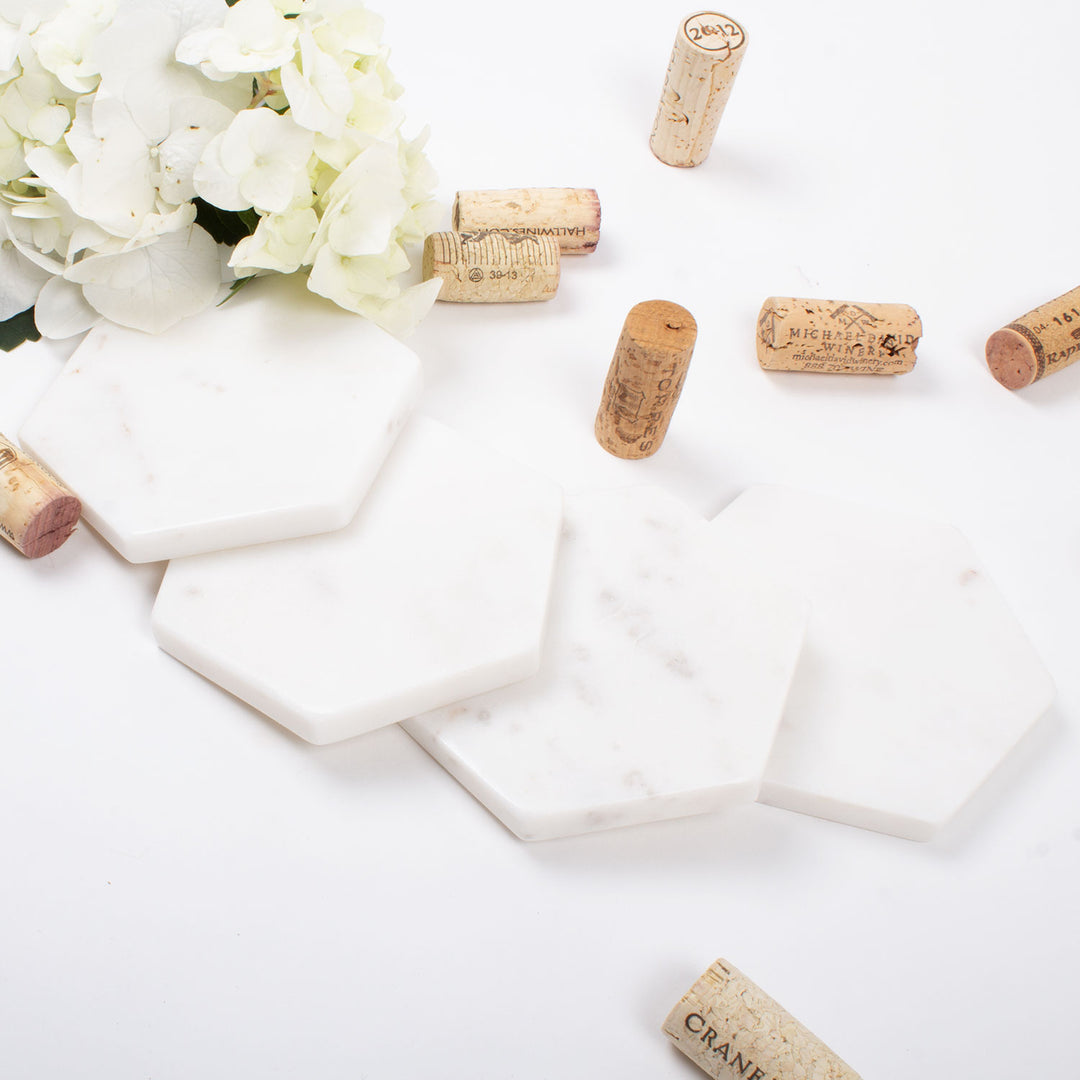 White Marble Hexagon Coaster Set