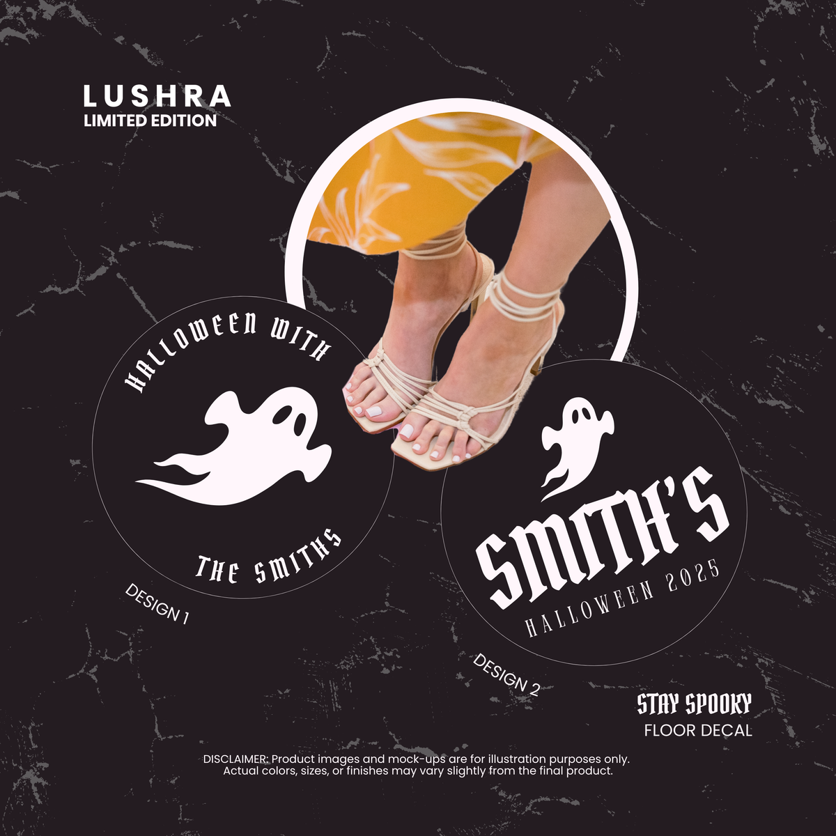 Promotional graphic for Lushra Halloween floor decals with ghost designs and 'Smith's' branding.