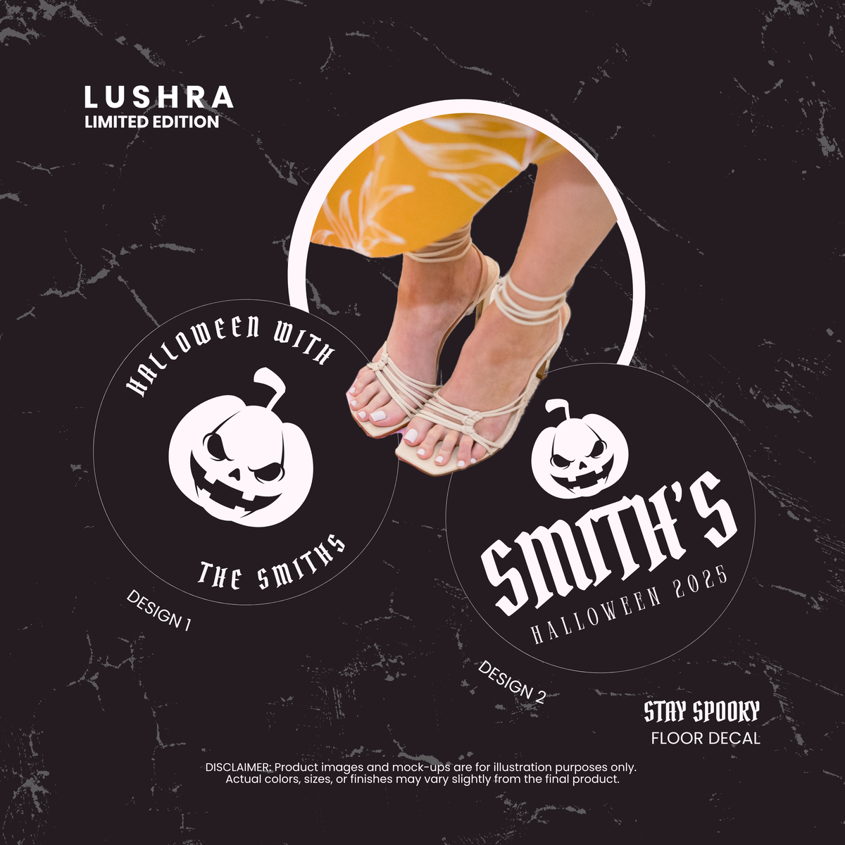 Promotional image for Lushra Halloween floor decals with 'Smith's' branding on a black background.