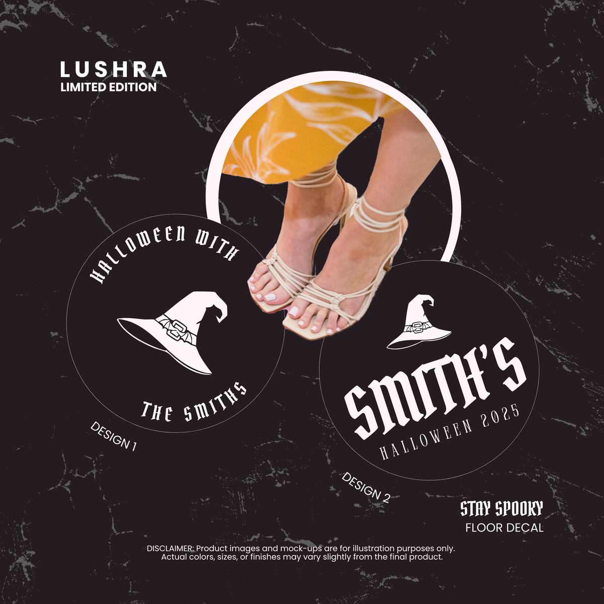 Promotional graphic for Lushra Halloween floor decals with 'The Smiths' design on a black background.