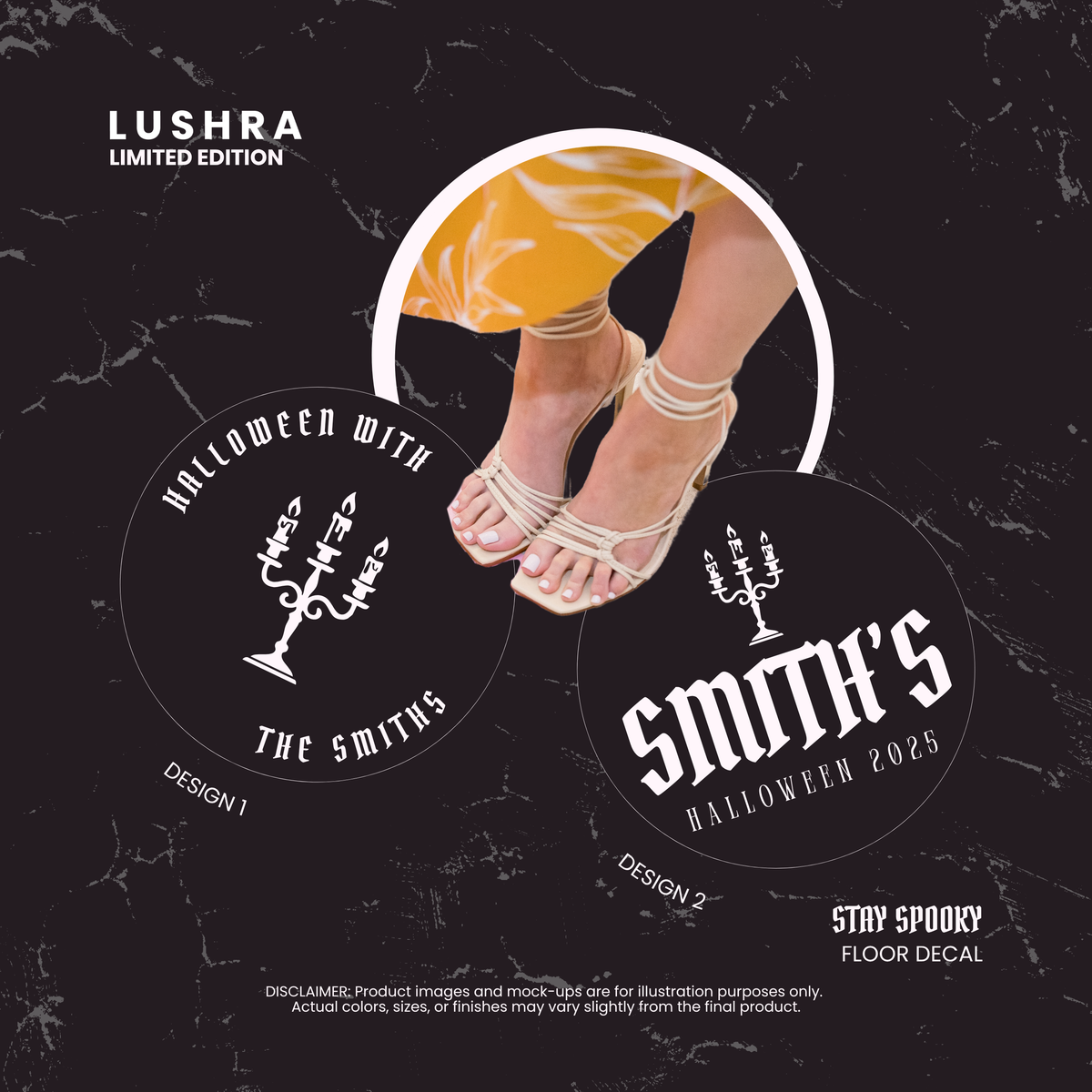 Promotional image for Lushra Halloween floor decals with 'The Smiths' design on a black background.