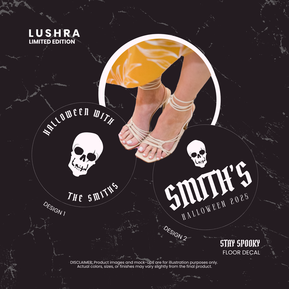 Promotional graphic for Lushra Halloween floor decals with 'The Smiths' design on a black background.