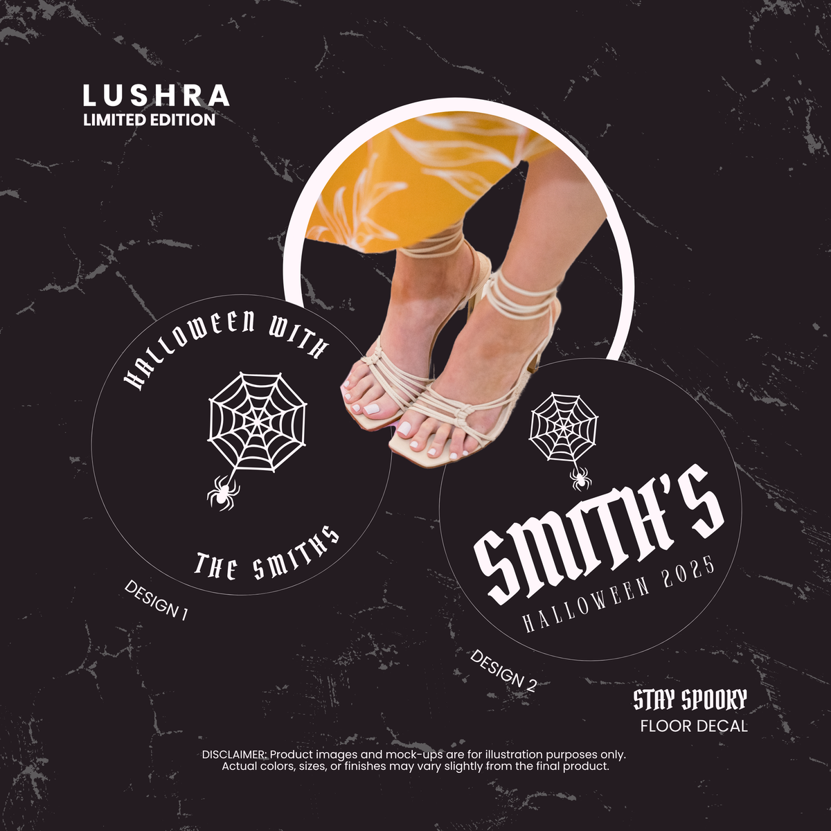 Promotional graphic for Lushra Halloween floor decals with spider web design on a black background.