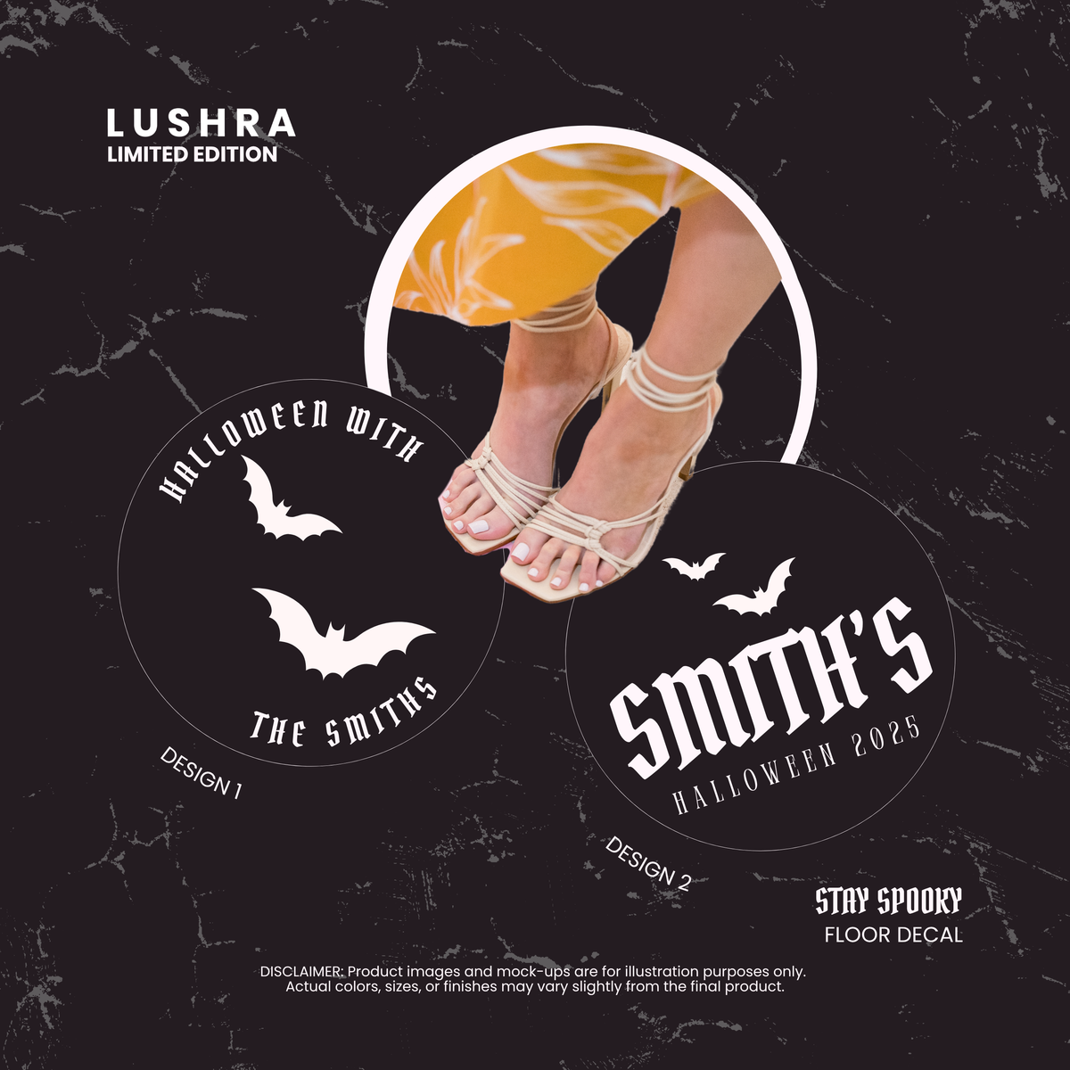 Promotional graphic for Lushra Halloween floor decals with 'The Smiths' design on a black background.