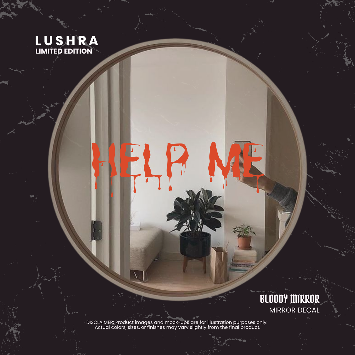 Round mirror with 'HELP ME' decal on a dark background, featuring the brand 'Lushra'.