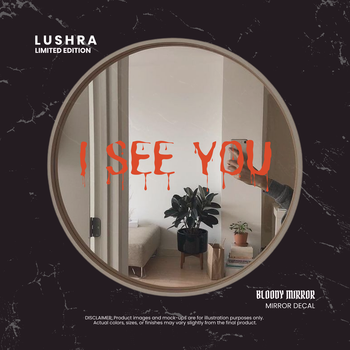 Round mirror with 'I SEE YOU' decal, framed by Lushra on a dark marble background.