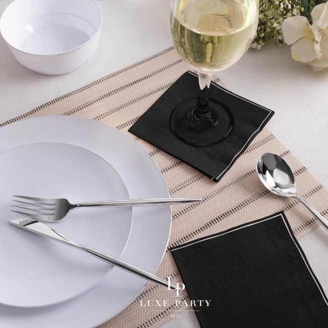 Black with Silver Stripe Cocktail Paper Napkins | 20 Beverage Napkins - 5" x 5"