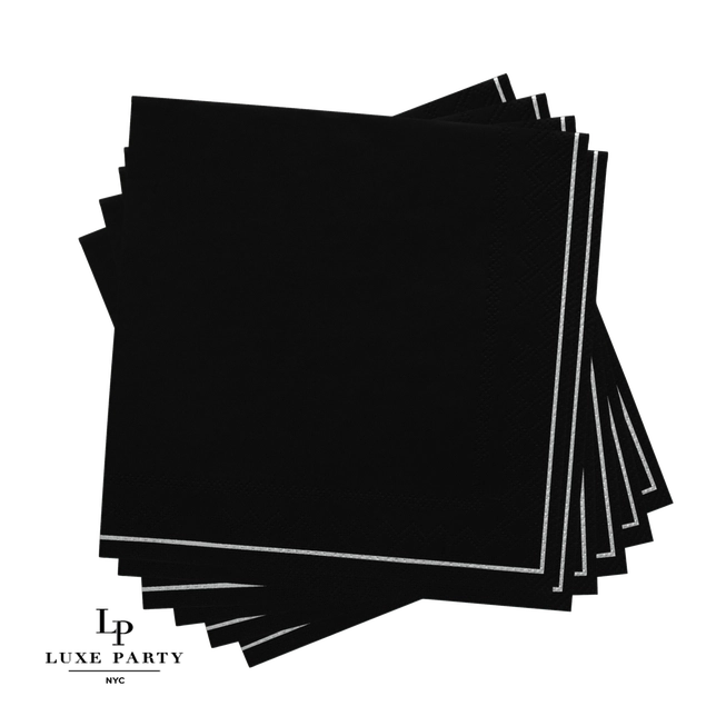 Black with Silver Stripe Cocktail Paper Napkins | 20 Beverage Napkins - 5" x 5"