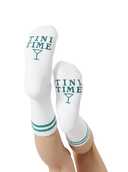 Fuzzy Crew Socks w/ Bottom Grip Phrase - "Tini Time" - White