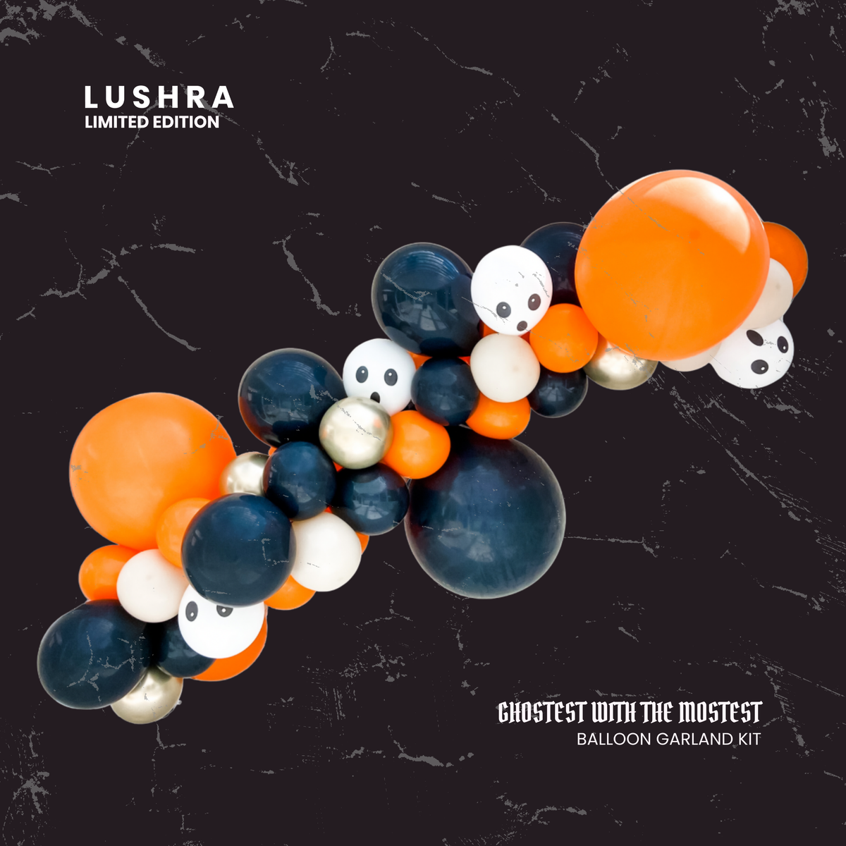 Balloon garland kit with orange, blue, and white balloons on a black background, featuring Lushra branding.