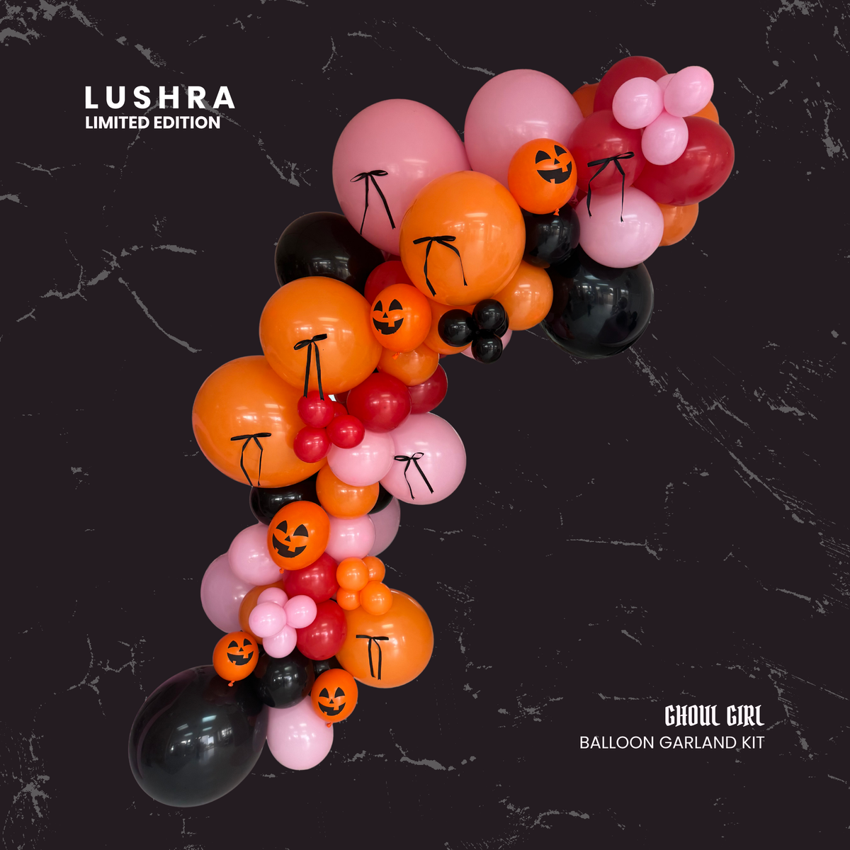 Halloween-themed balloon garland kit with pumpkins and ghosts on a dark background, featuring the brand 'Lushra'.