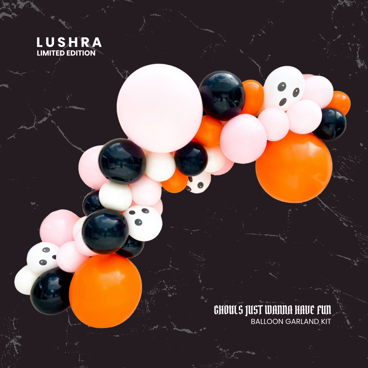 Halloween-themed balloon garland kit with balloons shaped like ghosts and pumpkins on a black background, featuring the brand 'Lushra'.