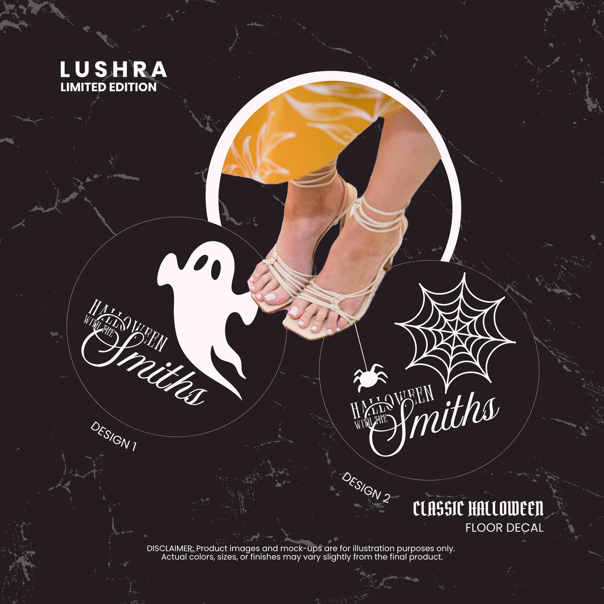 Promotional image for Lushra Halloween floor decals with a person wearing sandals on a black marble background.