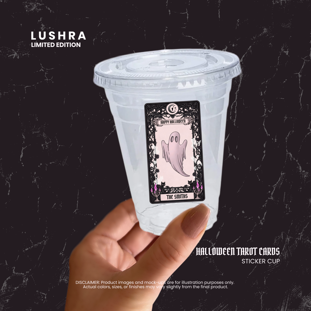 Clear plastic cup with Halloween Tarot Cards design held by a hand against a dark background, featuring the brand 'Lushra'.