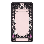 Decorative notepad with black ornate border, cats, and candles on a pink background