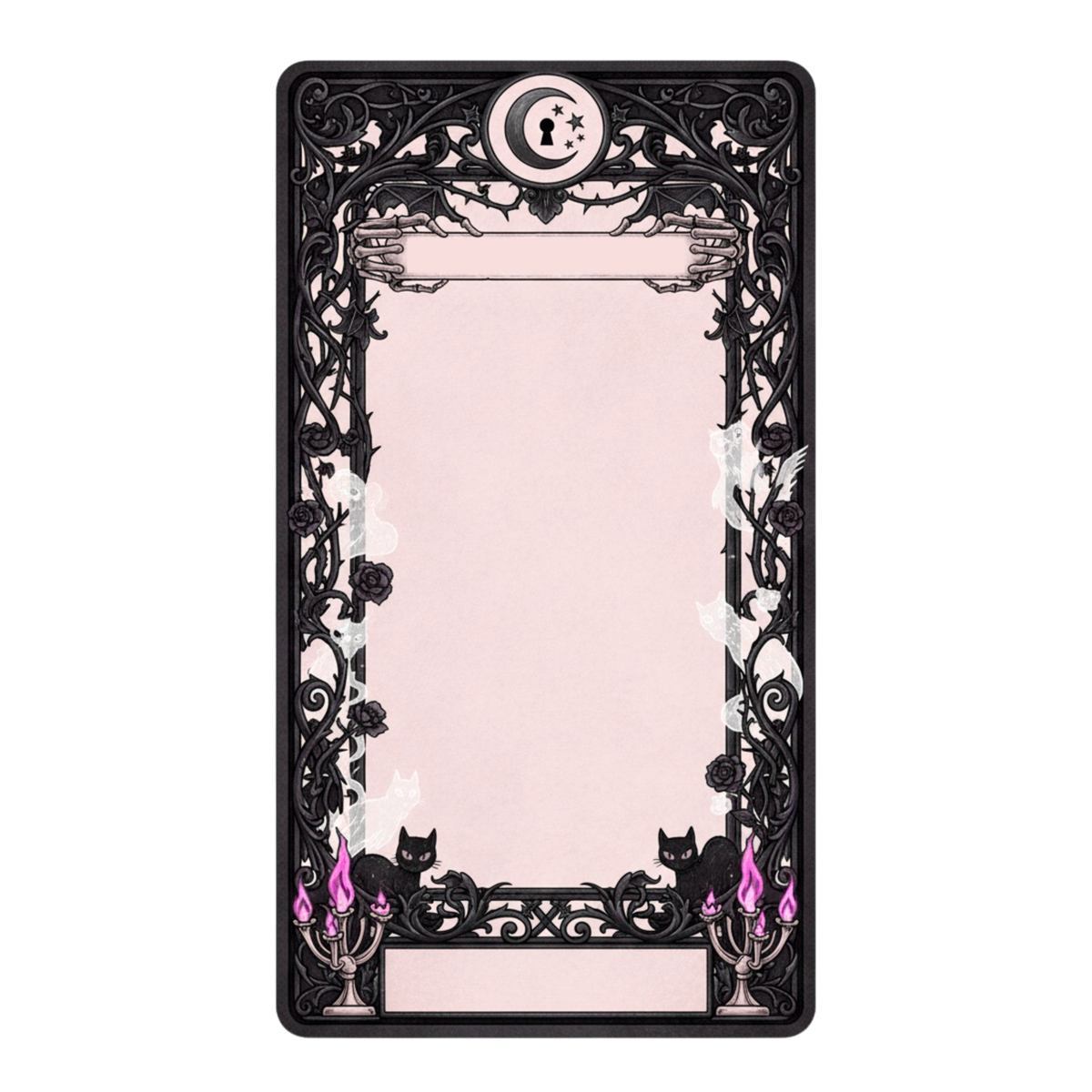 Decorative notepad with black ornate border, cats, and candles on a pink background
