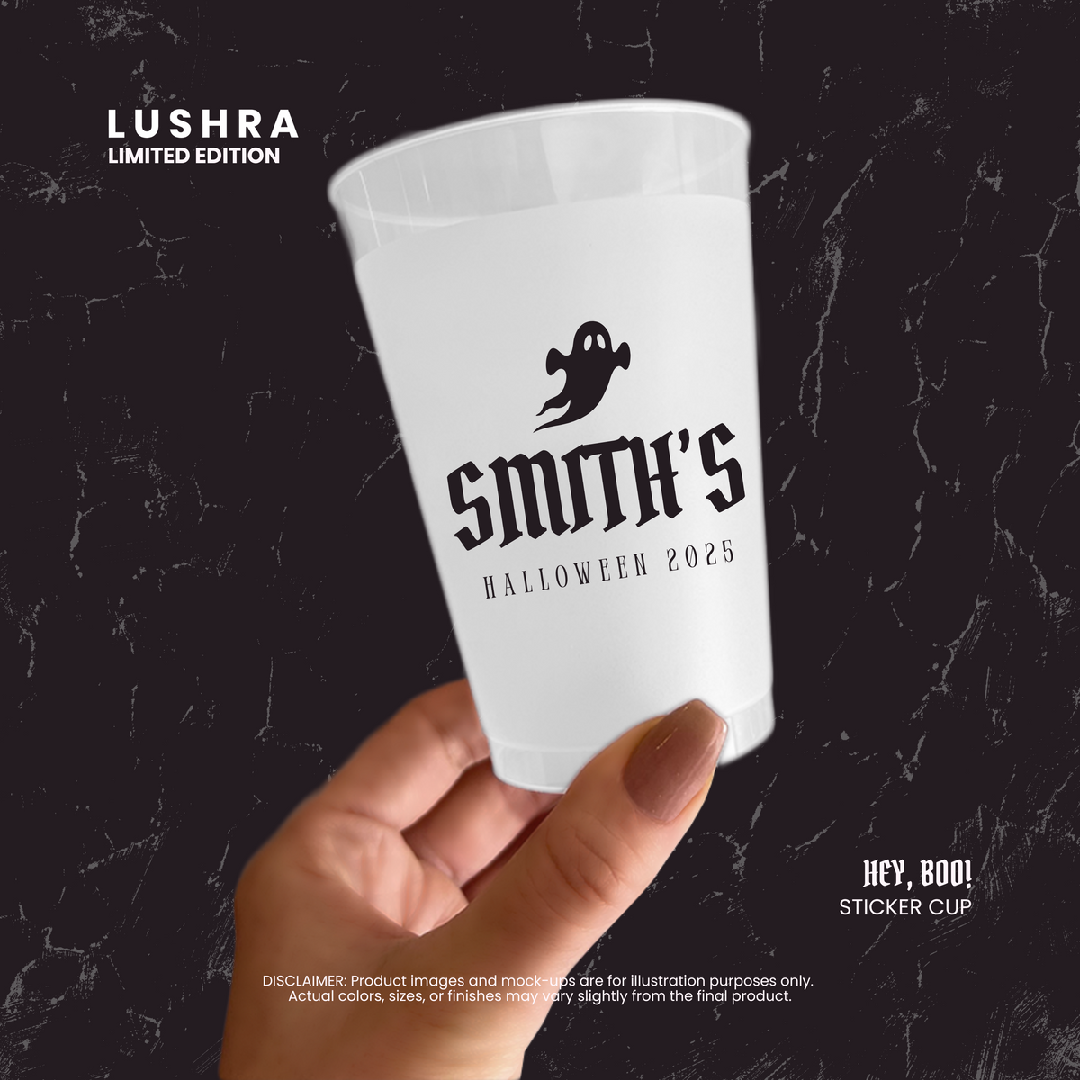 Hand holding a white cup with 'Smith's Halloween 2025' design on a black background