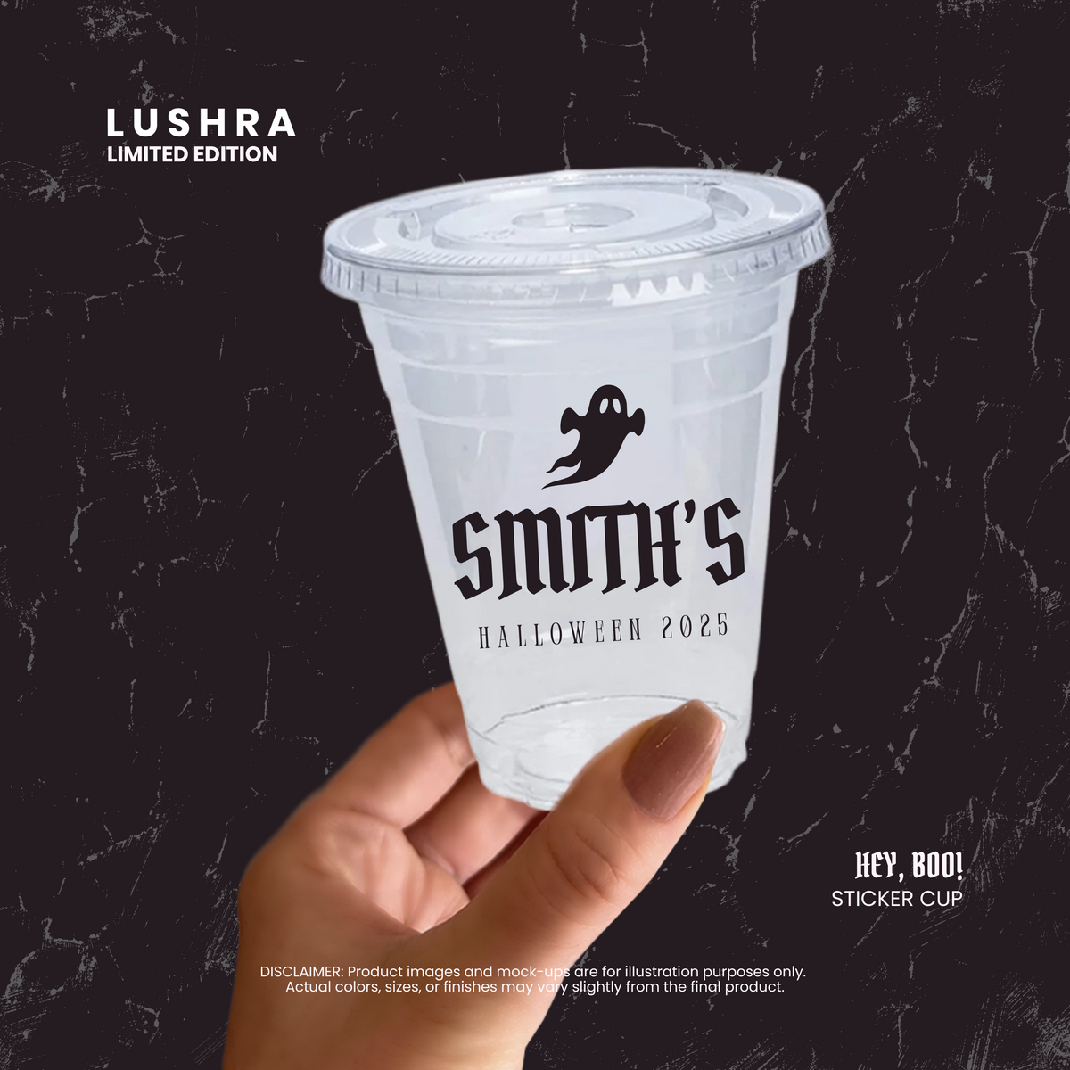 Clear plastic cup with 'Smith's Halloween 2025' text and ghost graphic, held by a hand against a dark background.