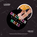 A Halloween-themed floor decal by Lushra, featuring a large black circular design with the text 'HALLOWEEN WITH THE MAULS' in colorful pink, green, orange, and white lettering. A smaller circular inset shows a person's feet wrapped in white rope, wearing a yellow dress.