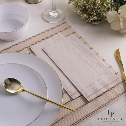 Linen with Gold Stripe Guest Paper Napkins | 16 Dinner Napkins - 4.25" x 7.75"