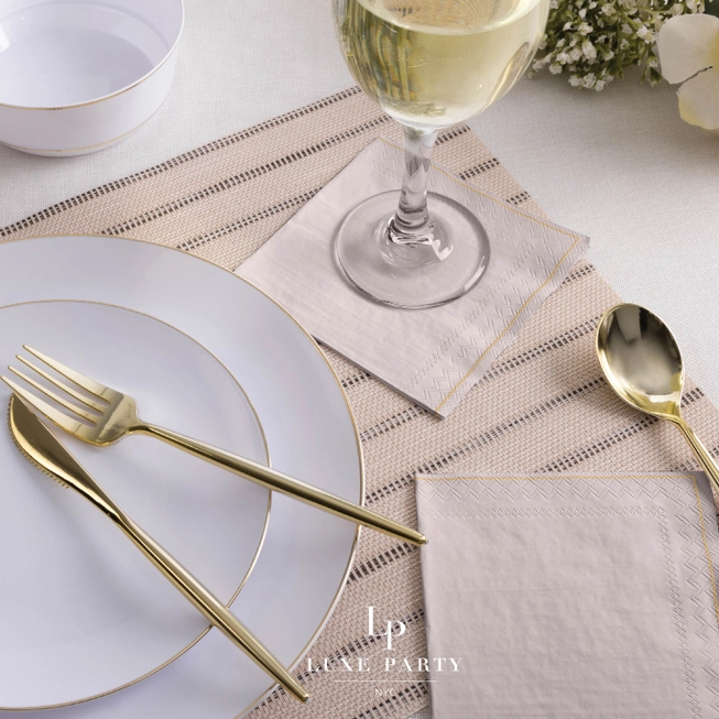 Linen with Gold Stripe Paper Cocktail Napkins | 20 Beverage Napkins - 5" x 5"