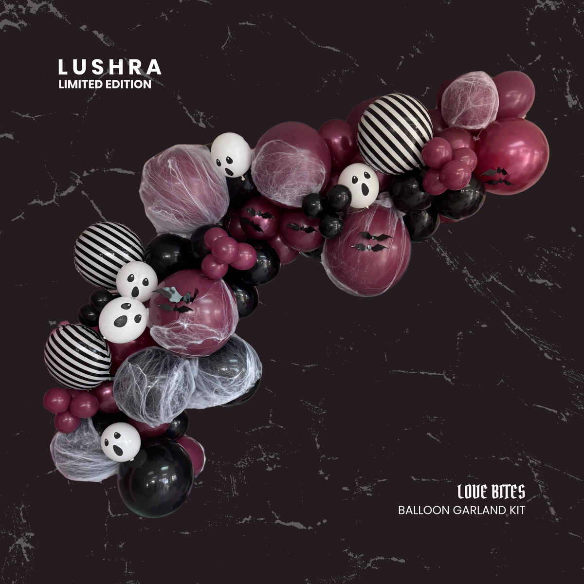 Halloween-themed balloon garland kit with ghost decorations on a dark background, featuring the brand 'Lushra'.