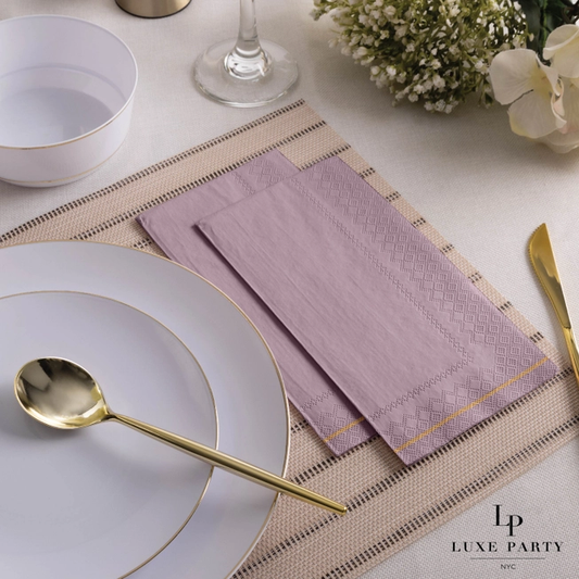 Mauve with Gold Stripe Guest Paper Napkins | 16 Dinner Napkins - 4.25" x 7.75"