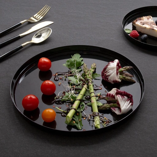 Round Black Walled Plastic Dinner Plates | 10 Pack