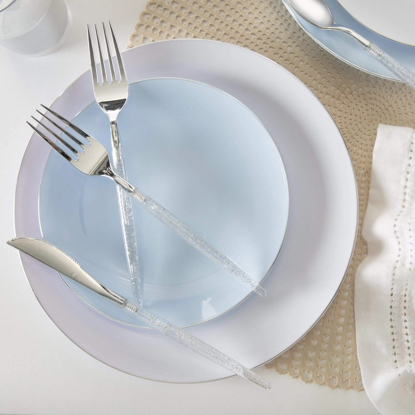 Round Ice Blue • Silver Plastic Dinner Plates | 10 Pack