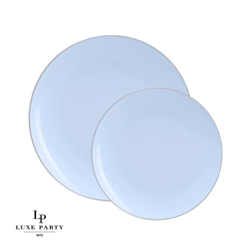 Round Ice Blue • Silver Plastic Dinner Plates | 10 Pack
