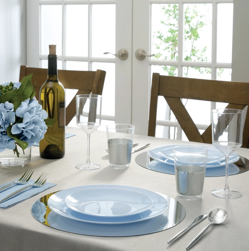 Round Ice Blue • Silver Plastic Dinner Plates | 10 Pack