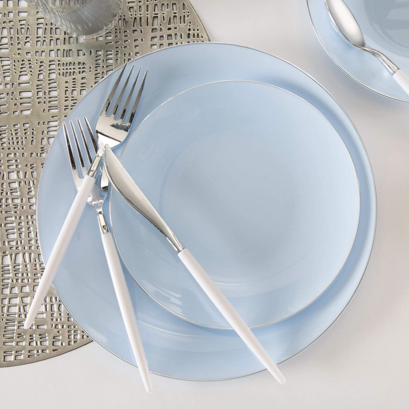 Round Ice Blue • Silver Plastic Dinner Plates | 10 Pack