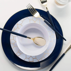 Round Navy • Gold Plastic Dinner Plates | 10 Pack