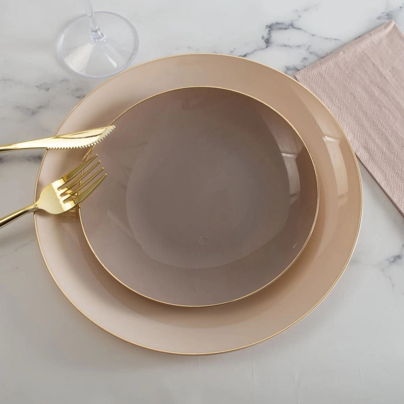 Round Taupe • Gold Plastic Dinner Plates | 10 Pack