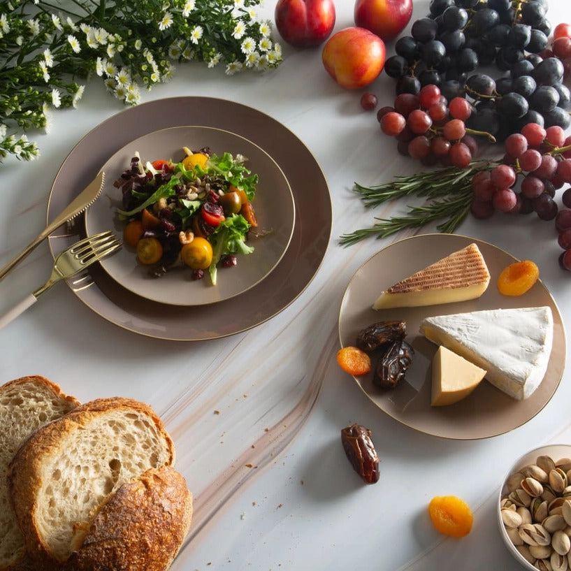 Round Taupe • Gold Plastic Dinner Plates | 10 Pack