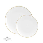 Round White • Gold Plastic Dinner Plates | 10 Pack