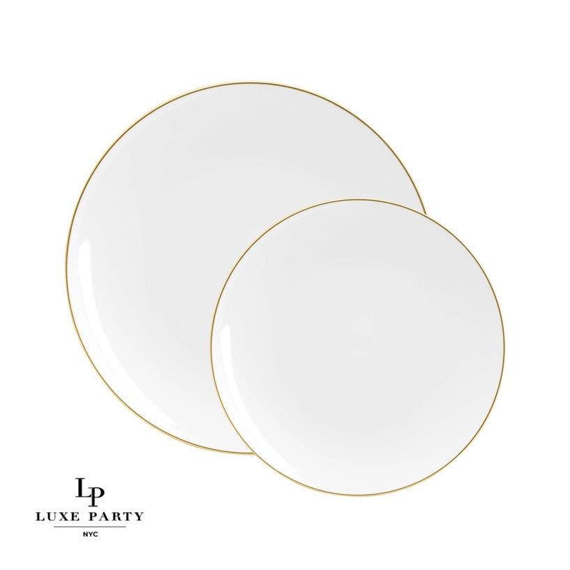 Round White • Gold Plastic Dinner Plates | 10 Pack