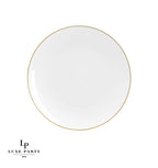Round White • Gold Plastic Dinner Plates | 10 Pack