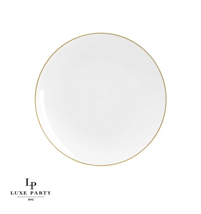 Round White • Gold Plastic Dinner Plates | 10 Pack