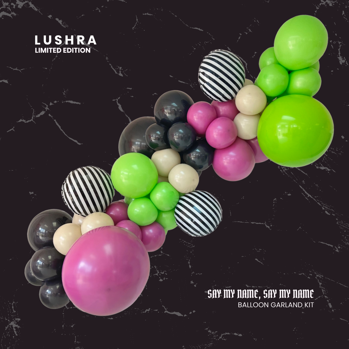 Colorful balloon garland kit with Lushra branding on a dark background