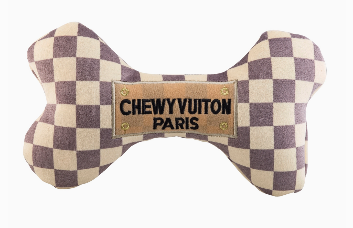 Checker Chewy Vuiton Bones Squeaker Dog Toy