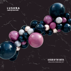 Lushra balloon garland kit with pink, blue, and silver balloons on a dark background